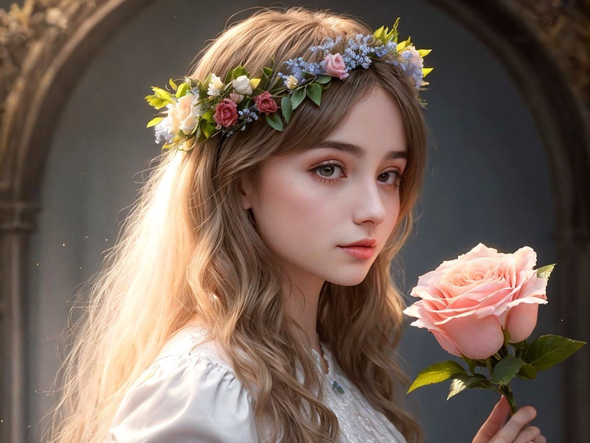 Young Woman with Floral Crown and Pink Rose Portrait