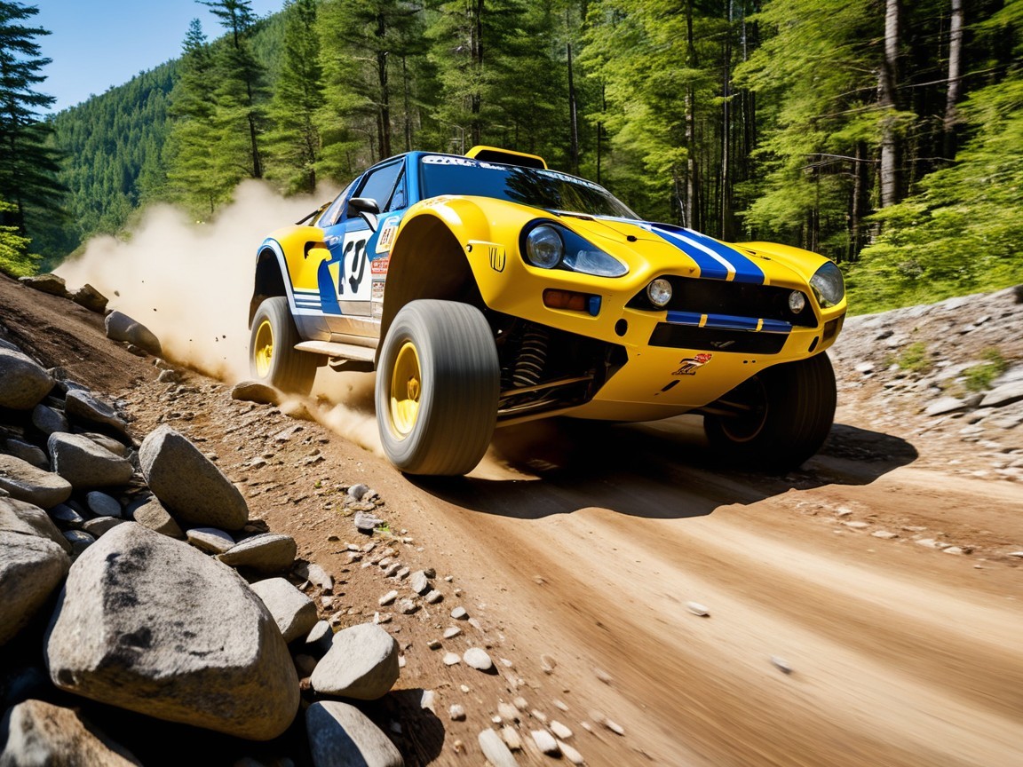 Vibrant Yellow Off-Road Racing Car on Dirt Trail