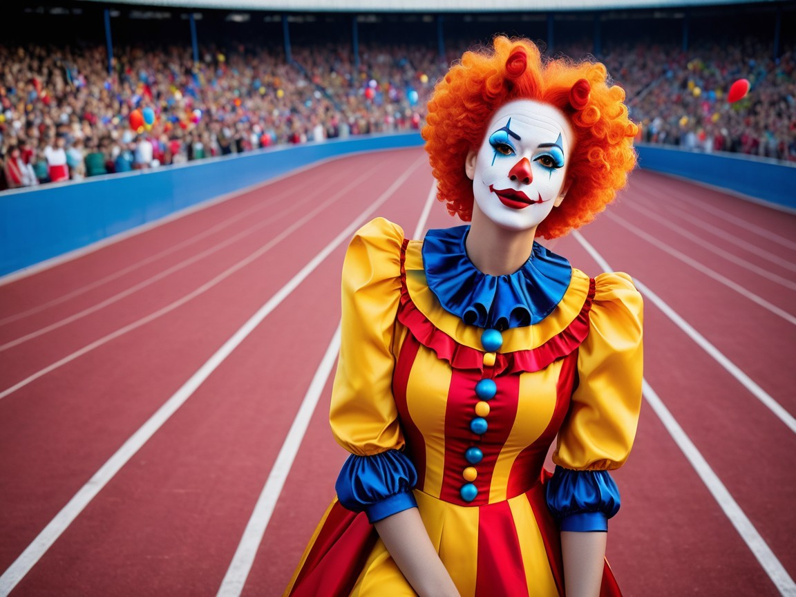 Clown with Colorful Costume in Stadium Setting