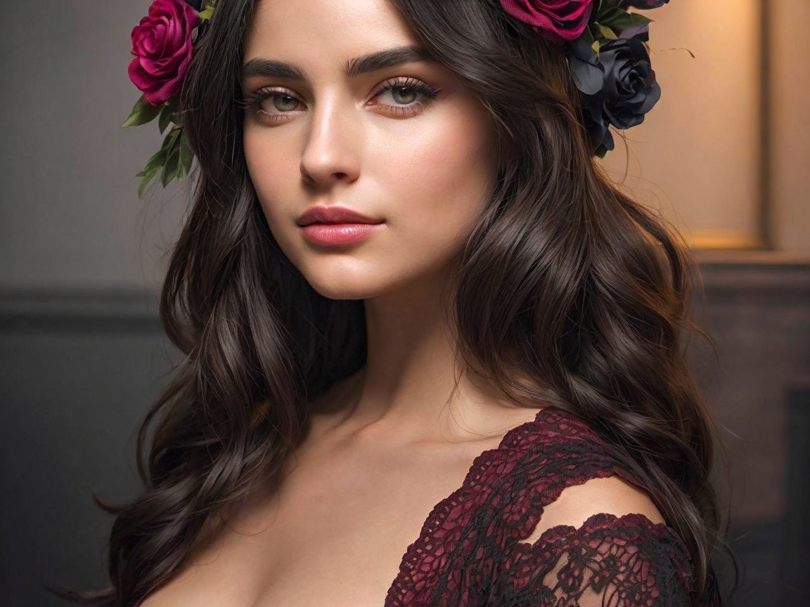 Woman with Dark Hair in Floral Crown Portrait