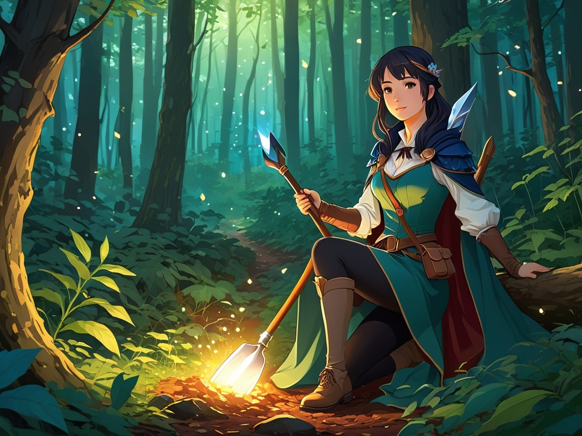 Young Adventurer in Vibrant Cloak in Serene Forest