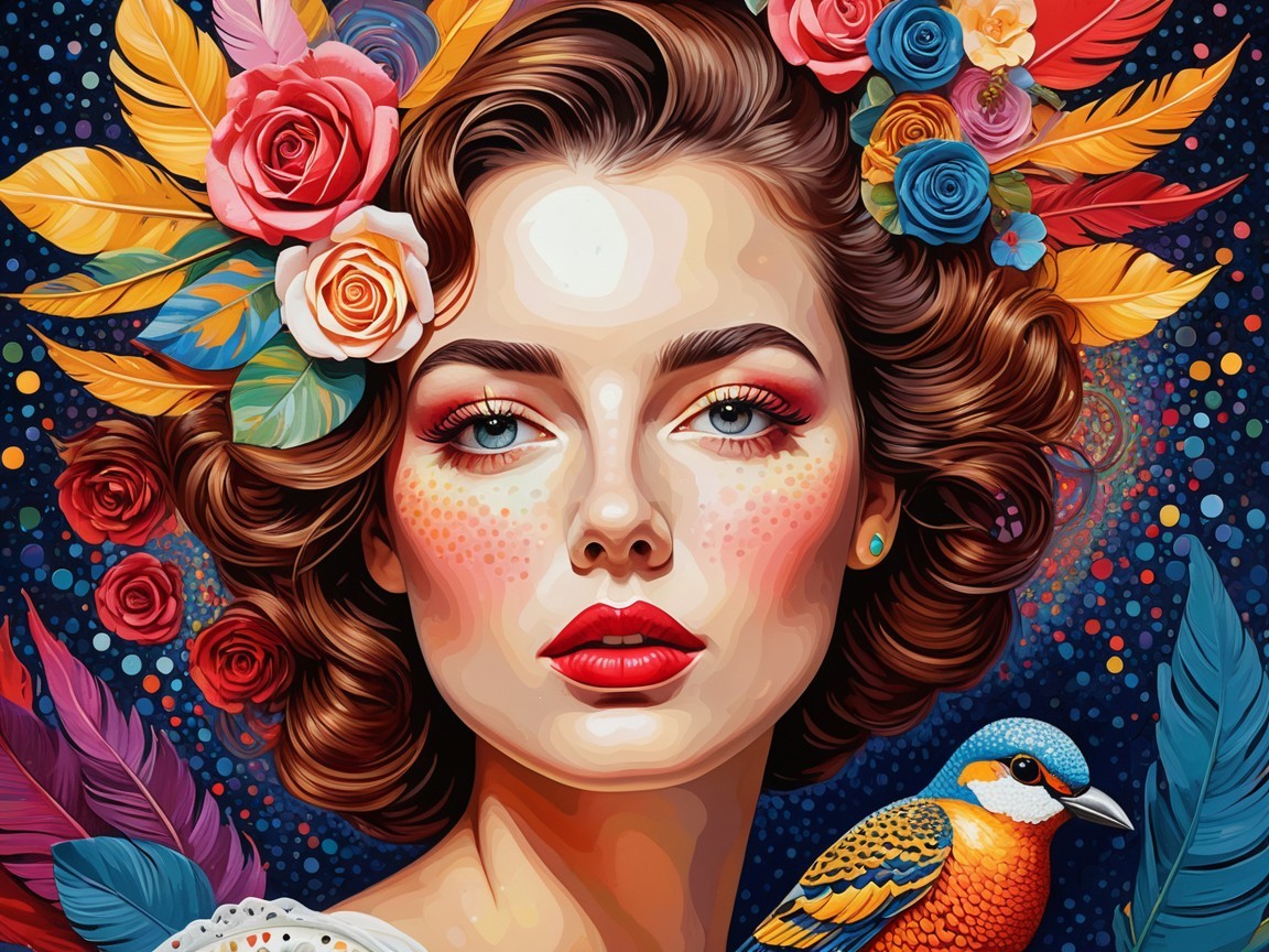Vibrant Portrait of a Young Woman with Flowers and Bird