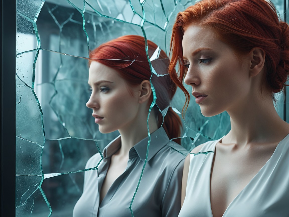 Contemplative Young Woman with Red Hair and Mirror Shards