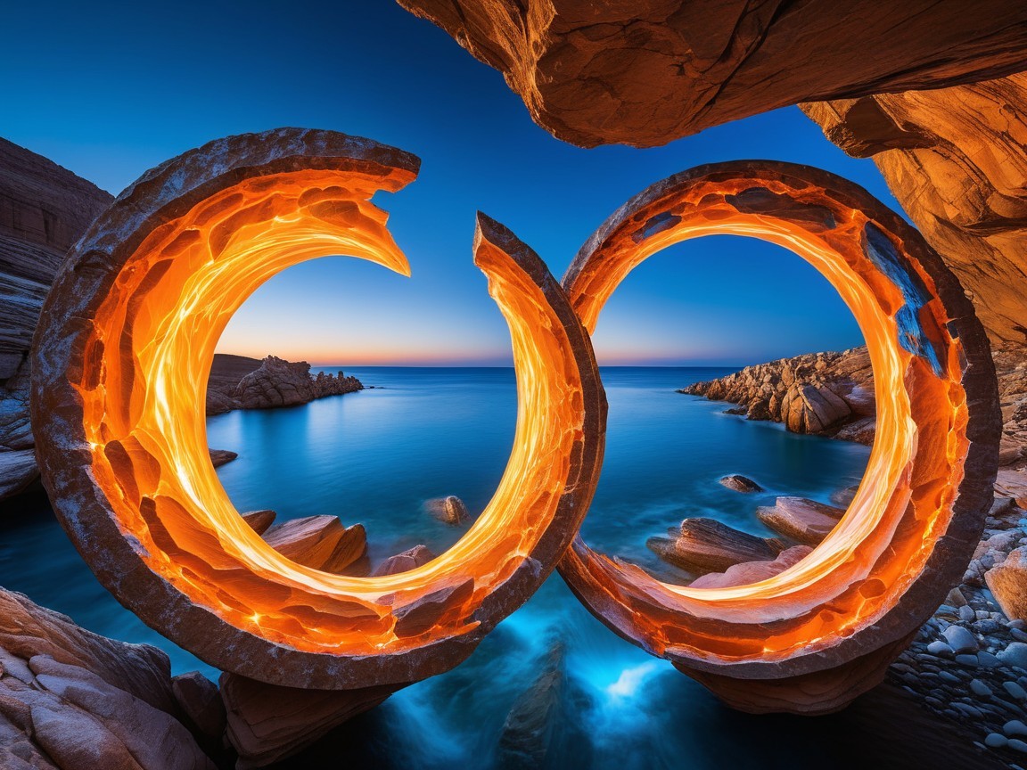 Circular Stone Structures Framing Coastal Twilight Scene