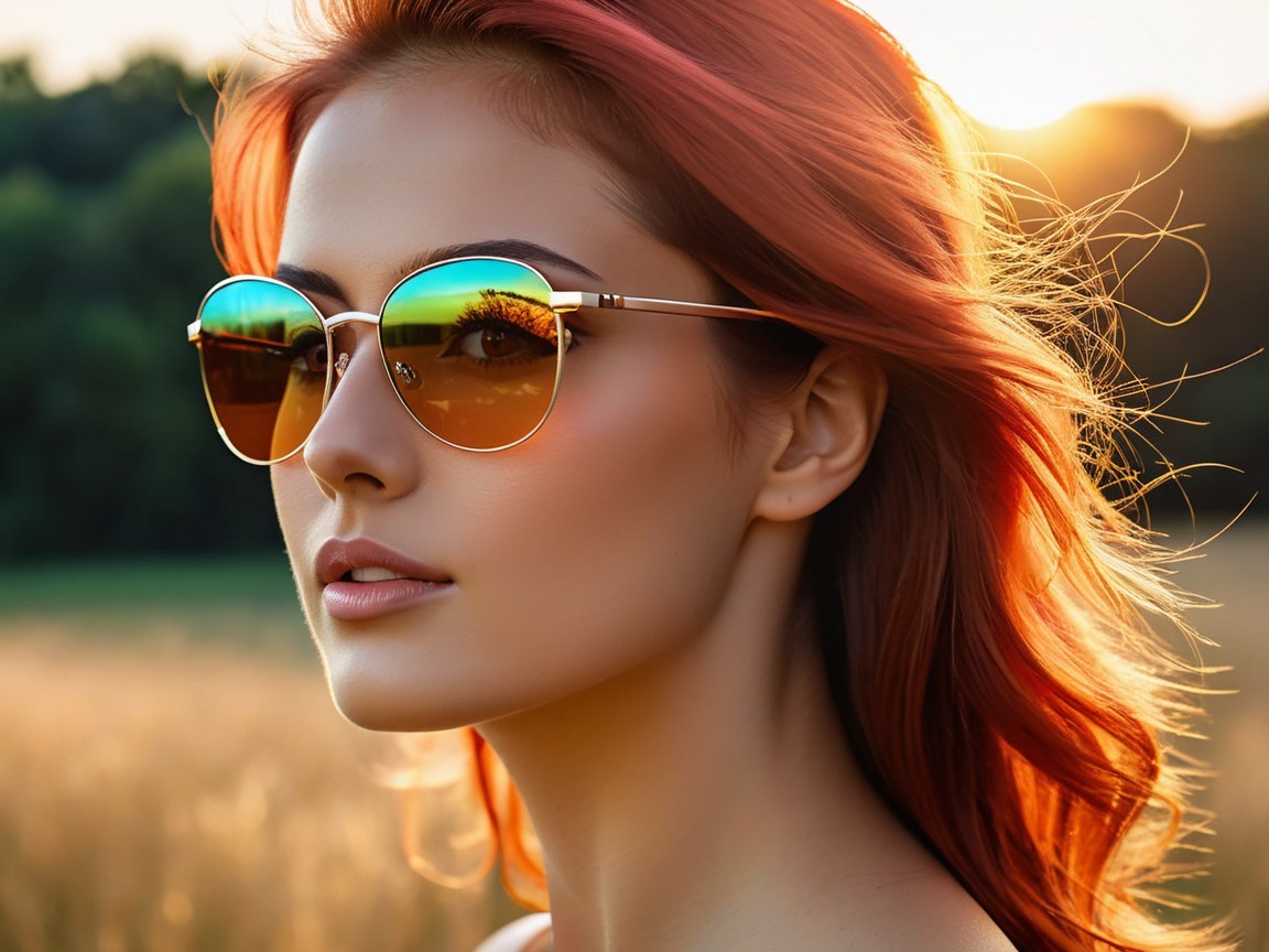 Close-up of a Young Woman with Red Hair and Sunglasses