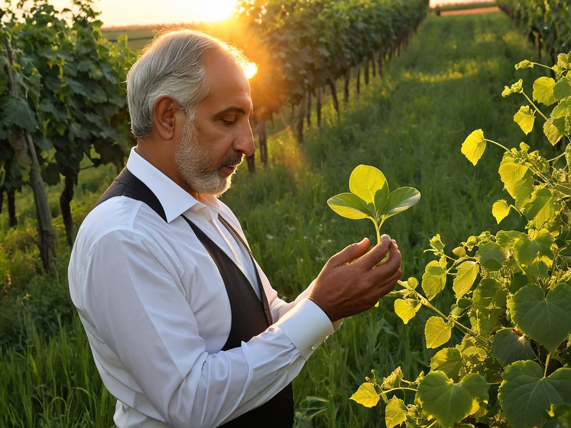 Man in Vineyard at Sunset Examining Young Plant