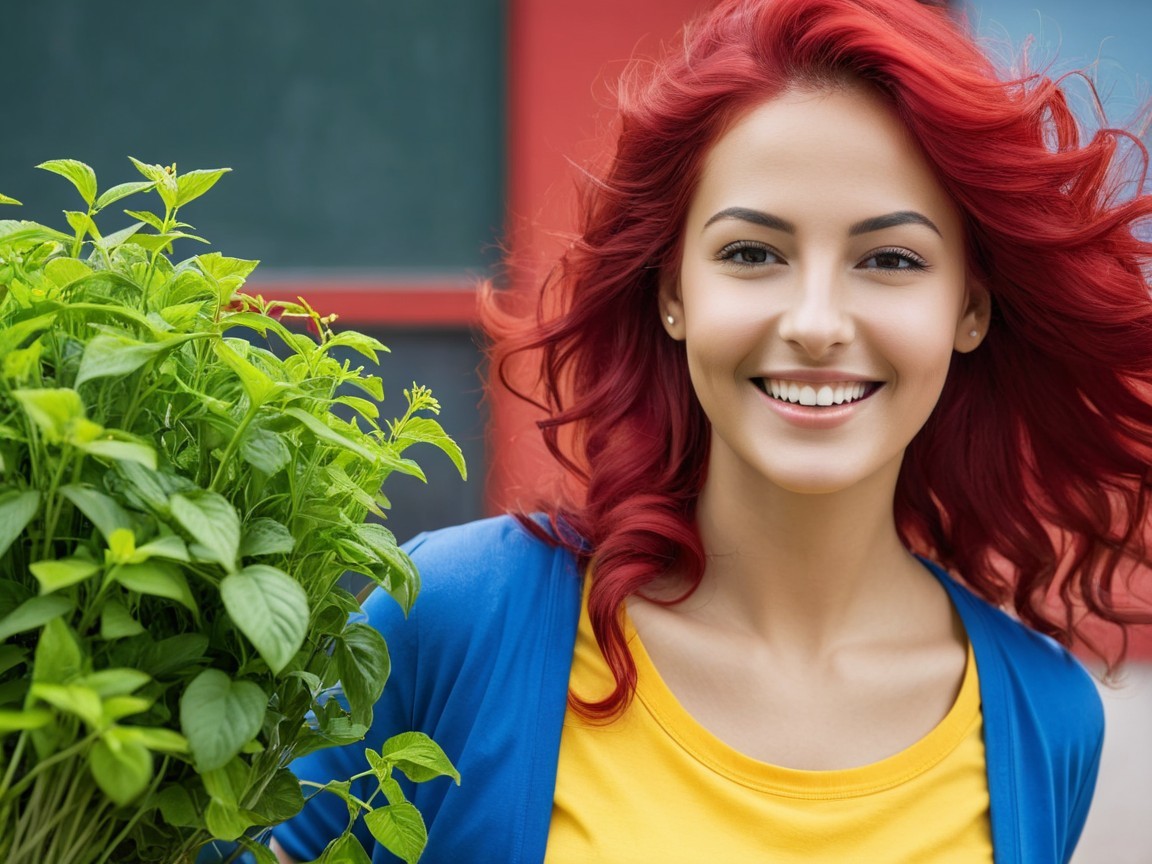 Cheerful Woman with Red Hair and Green Plants