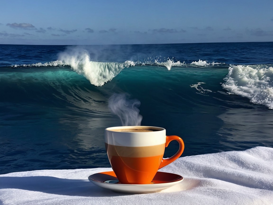 Orange Coffee Cup with Ocean Scene Background