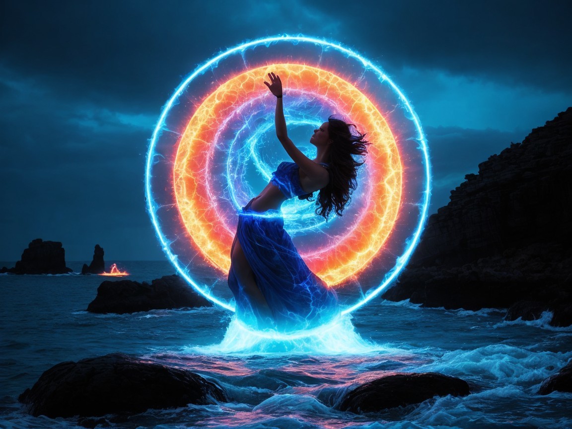 Woman in Blue Dress Amidst Crashing Waves and Light