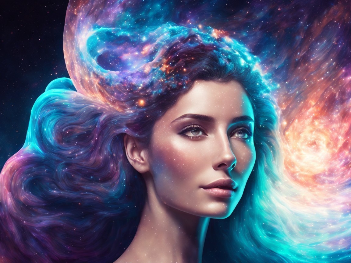 Ethereal Woman with Cosmic Hair in Starry Space