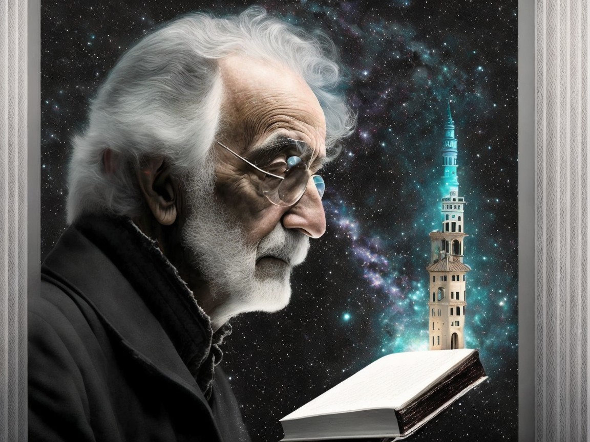 Elderly Man Contemplates Cosmic Scene with Open Book