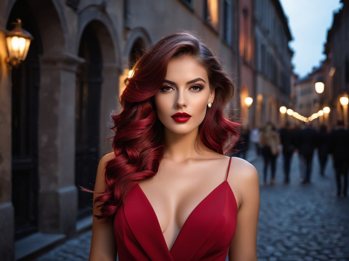 Confident Woman in Red Dress on Cobblestone Street