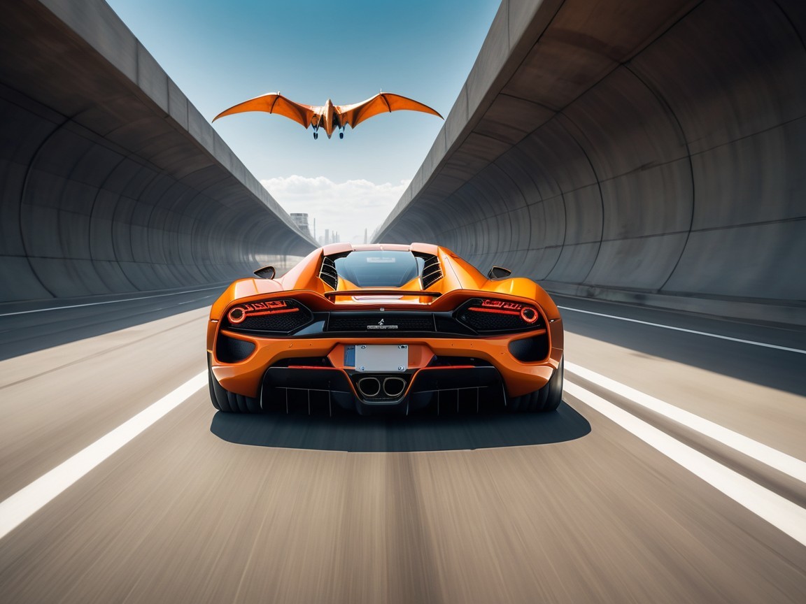 Sleek Orange Supercar and Dragon in Futuristic Scene