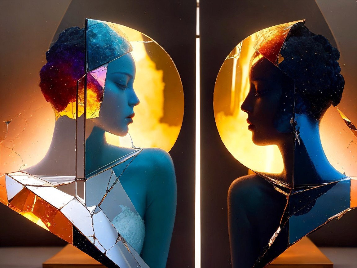 Silhouetted Profiles of Women in Shattered Glass Art