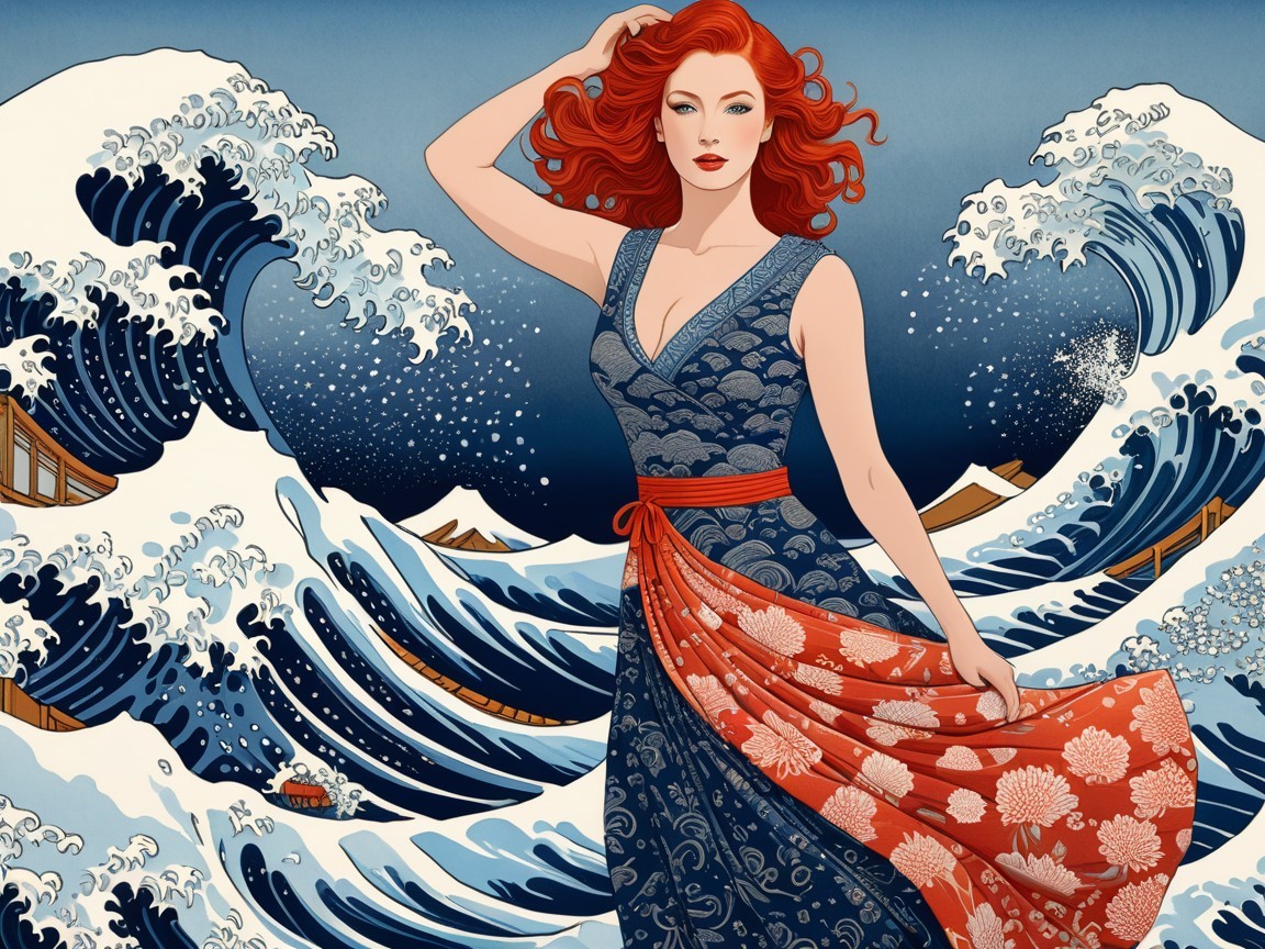 Illustration of a Woman in Blue Gown with Waves