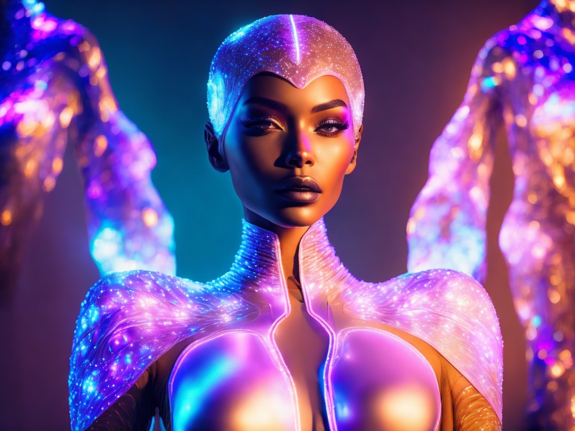 Futuristic Figure in Metallic Outfit with Neon Background