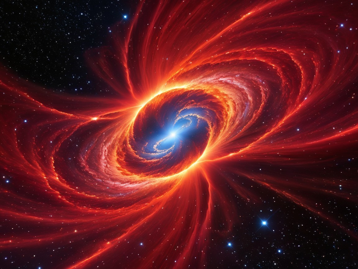 Cosmic Vortex with Red and Orange Hues and Stars