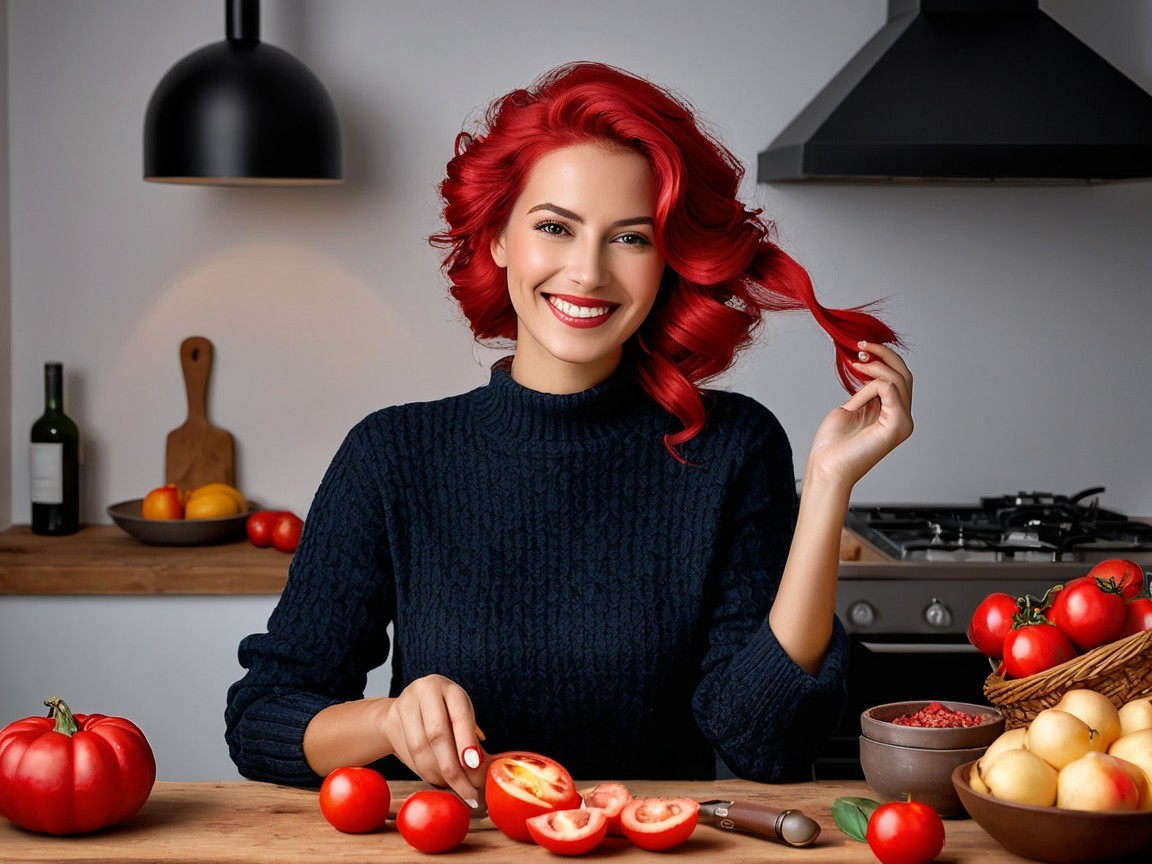 Woman with Red Hair Prepares Tomatoes in Modern Kitchen