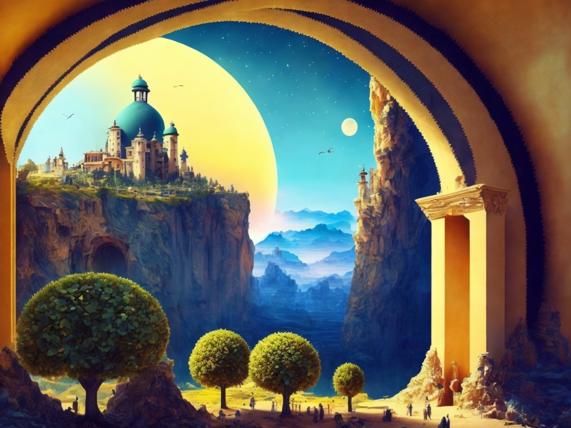 Surreal Landscape with Grand Castle and Symmetrical Trees