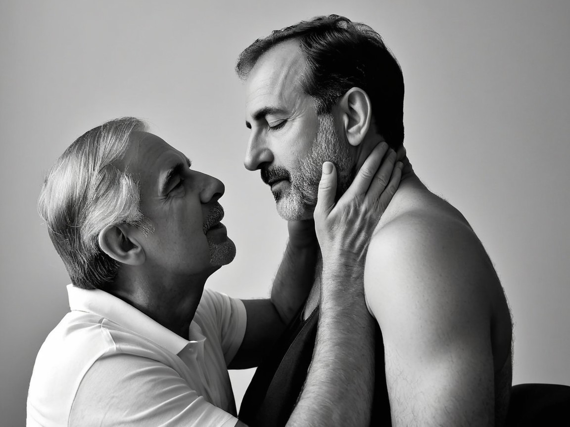 Black and white photo of two men sharing intimacy