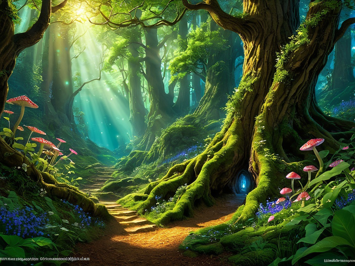Magical forest with ancient trees and glowing doorway