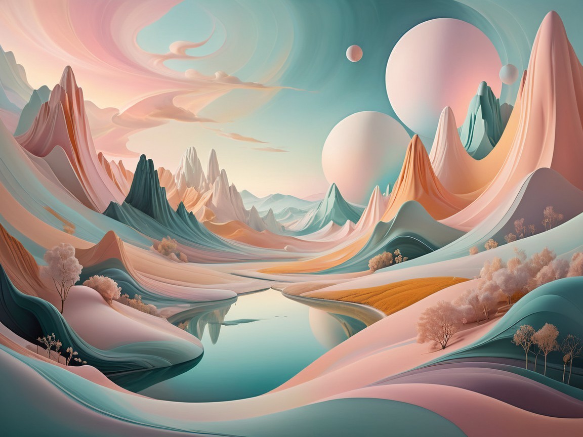 Surreal Landscape with Pastel Mountains and River