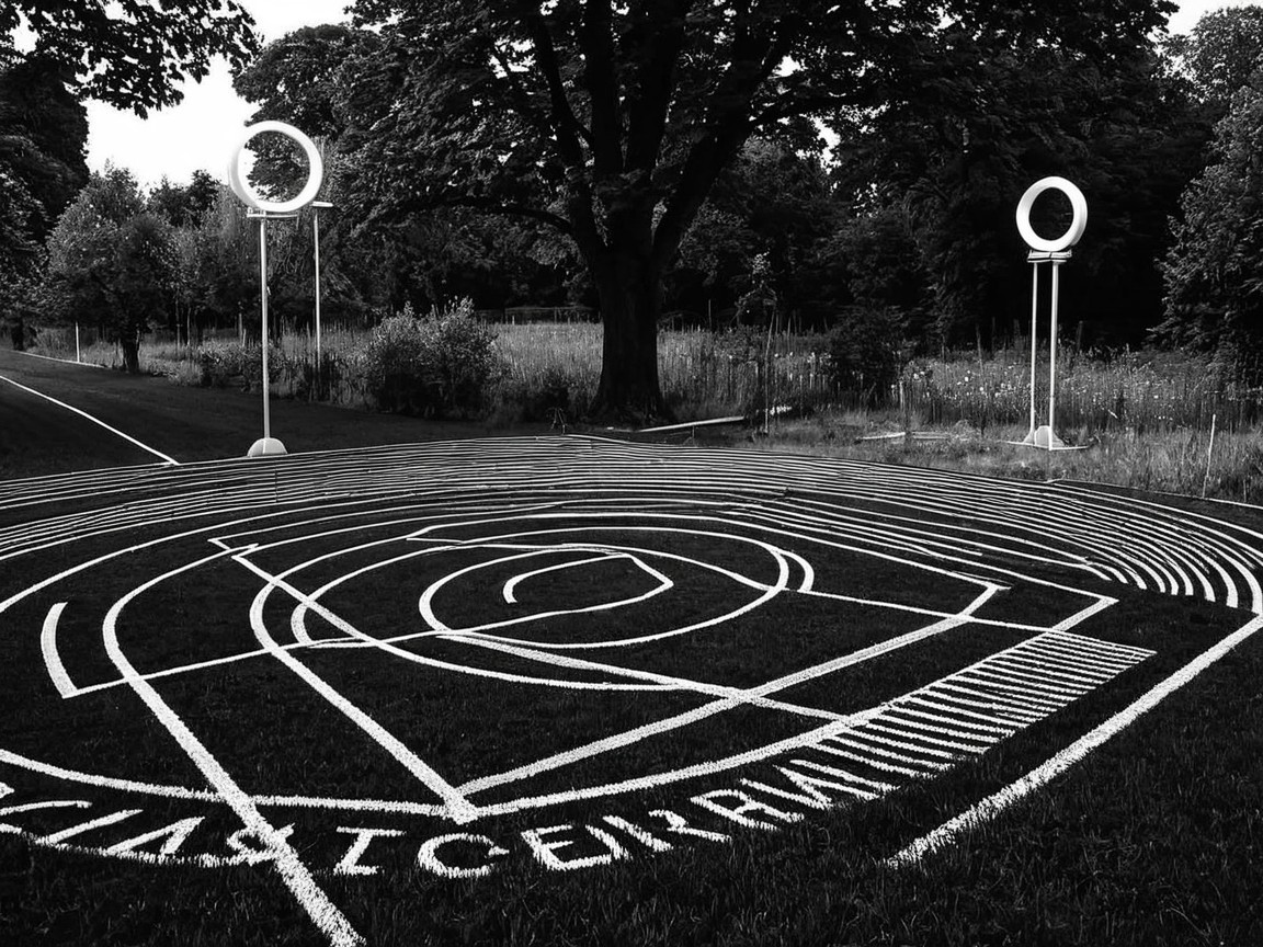 Circular Maze on Grass Surrounded by Trees and Sculptures