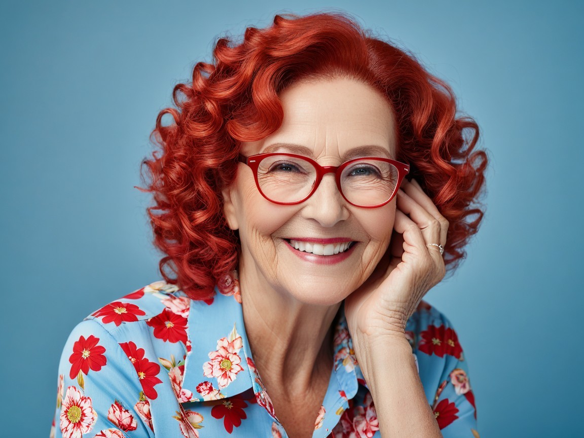 Joyful elderly woman with red curly hair and glasses