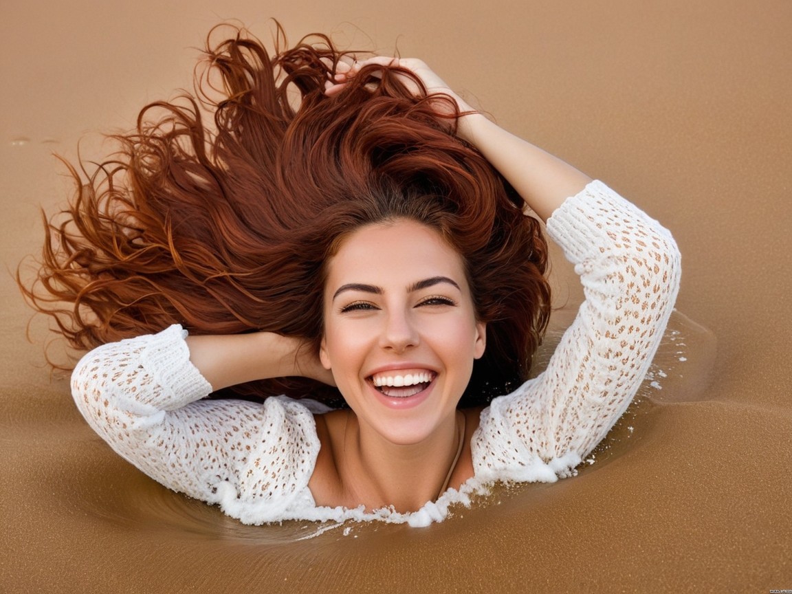 Joyful Young Woman in Sweater on Sandy Surface