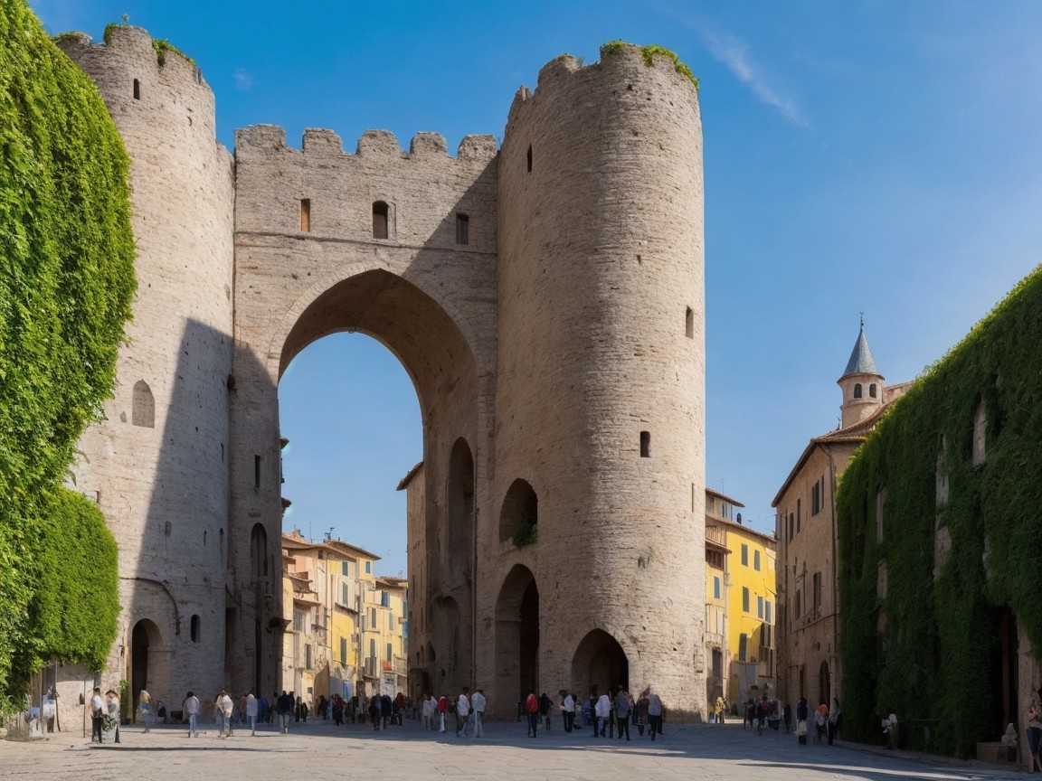 Medieval stone archway with towers and vibrant square