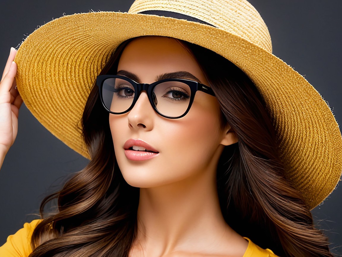 Young woman in stylish glasses and straw hat