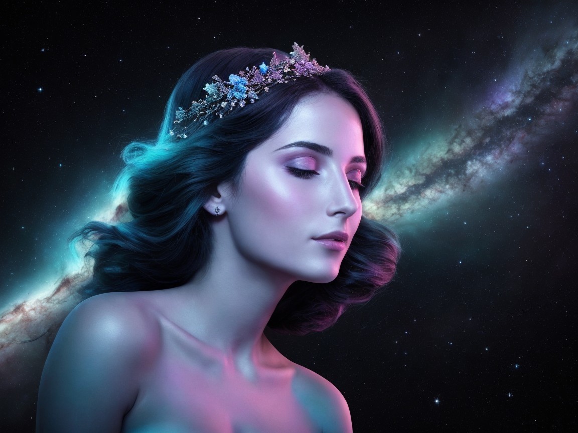 Serene woman in cosmic backdrop with gemstone tiara
