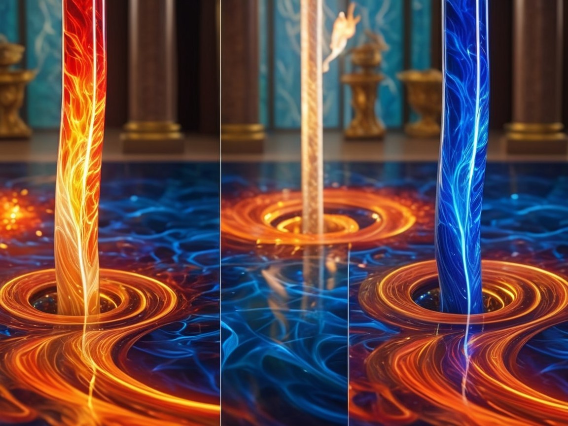 Three Elemental Pillars in Vibrant Colors and Light