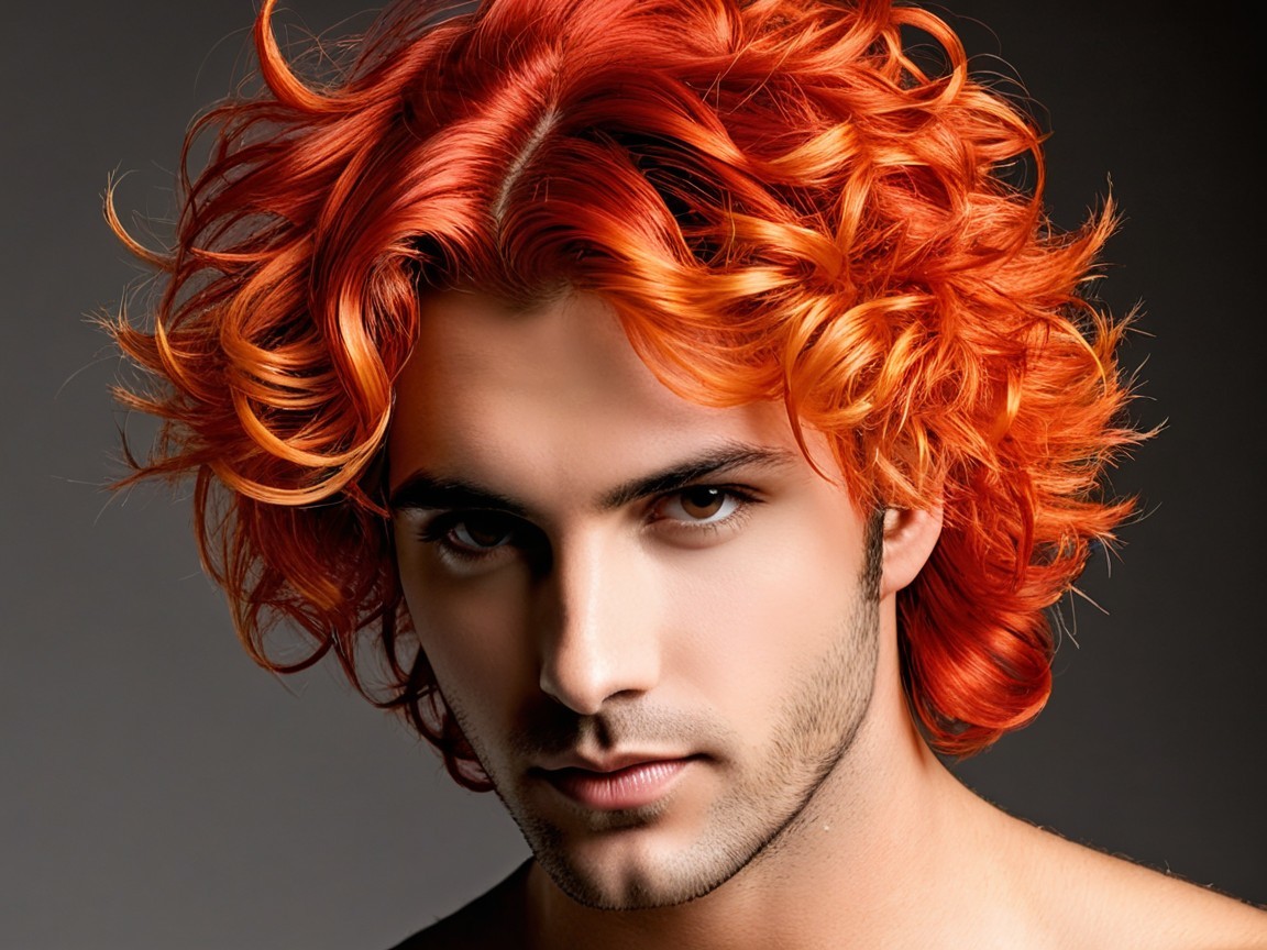 Young man with vibrant orange hair against dark backdrop