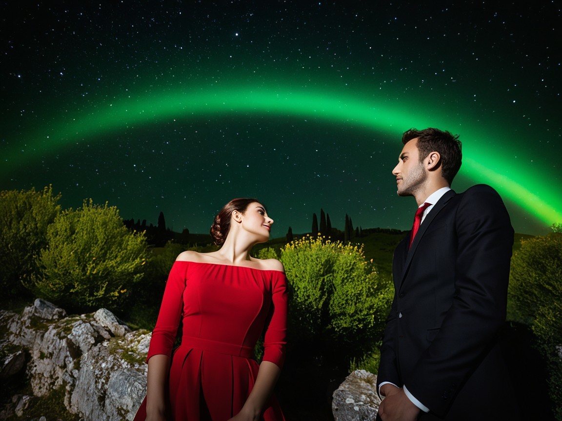 Couple Under Aurora Borealis in Elegant Attire