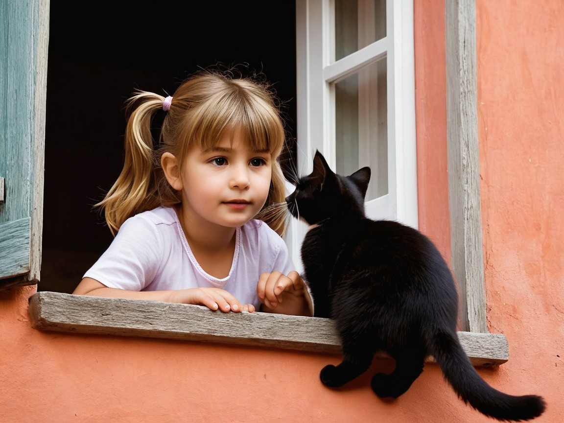Young Girl with Ponytails Observing a Black Cat