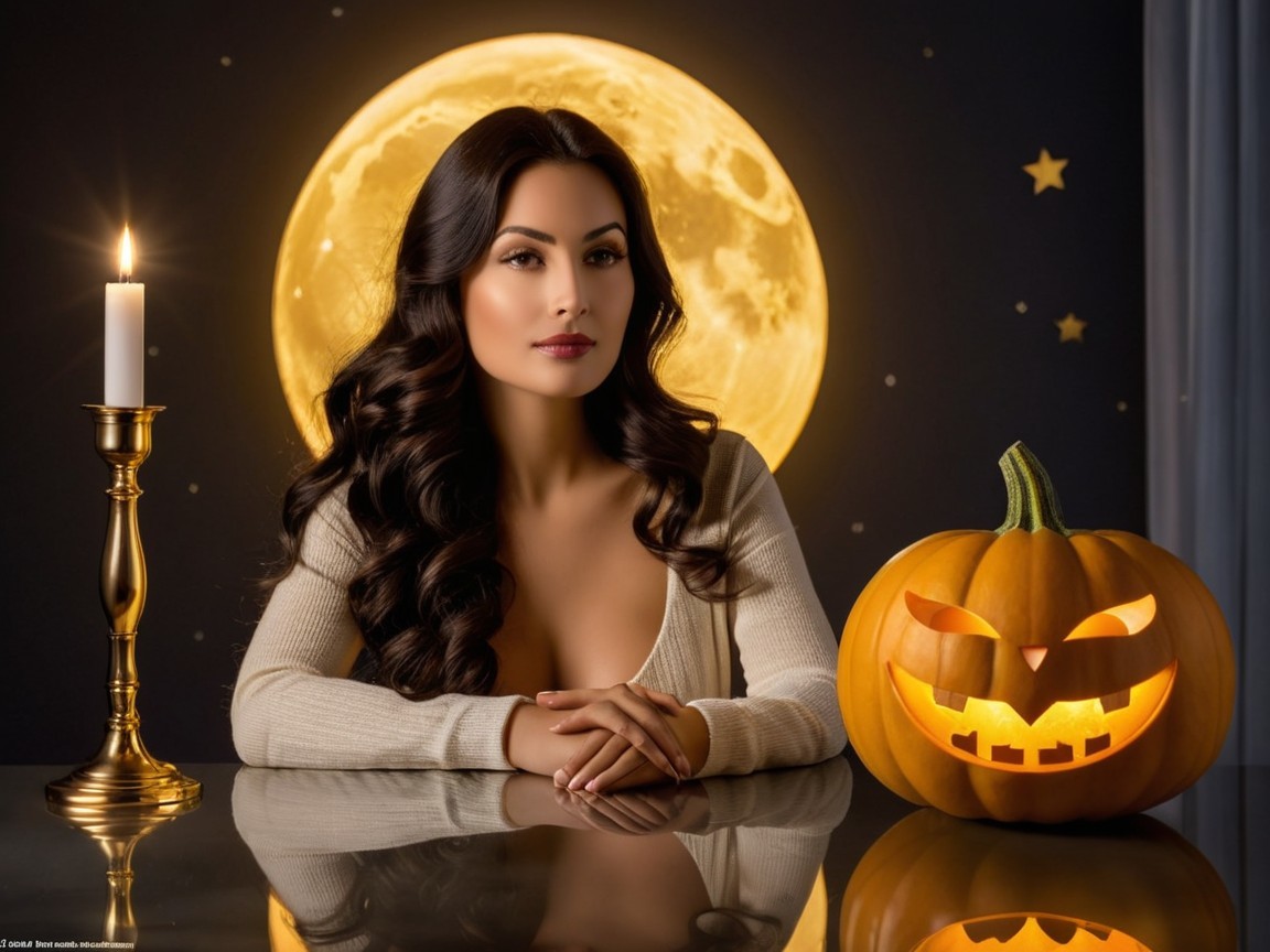 Woman at table with pumpkin and full moon backdrop