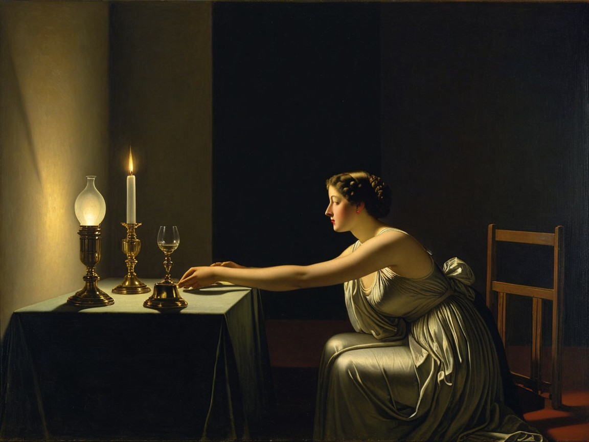 Woman in elegant gown writing by candlelight