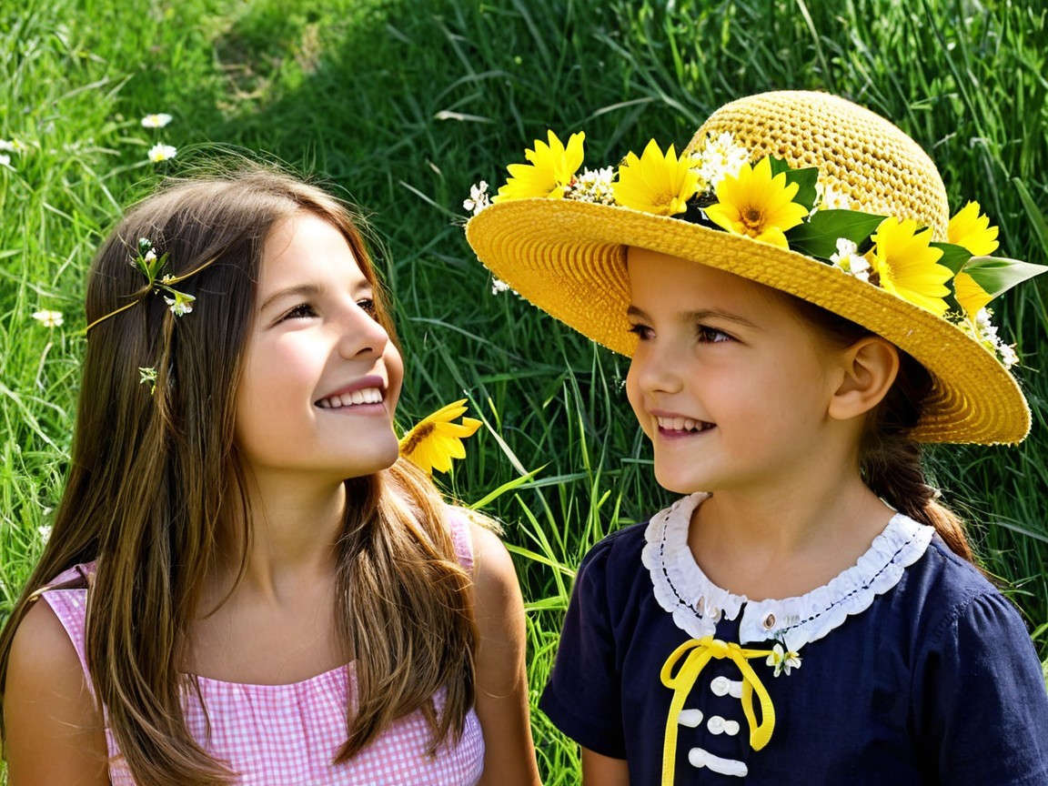 Young girls in a sunlit field with flowers and grass
