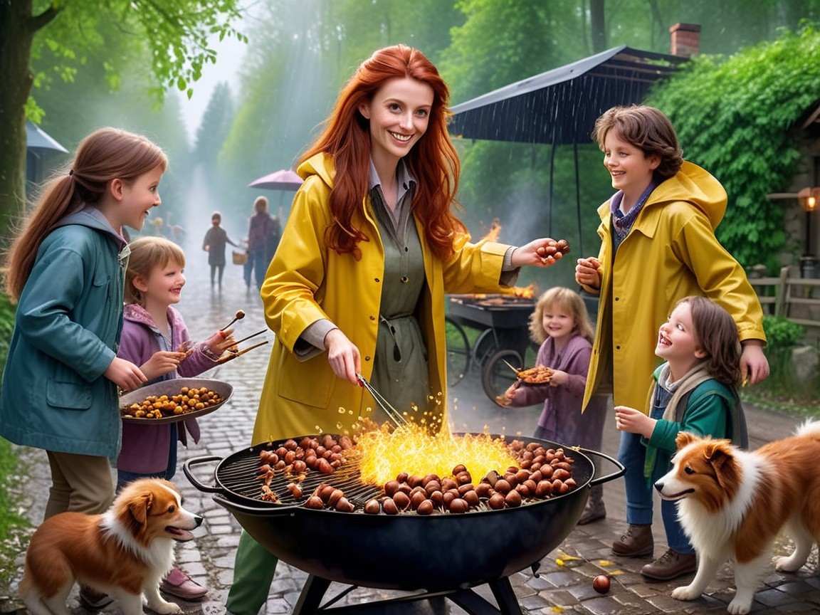 Cheerful Woman Grilling Chestnuts in Outdoor Scene