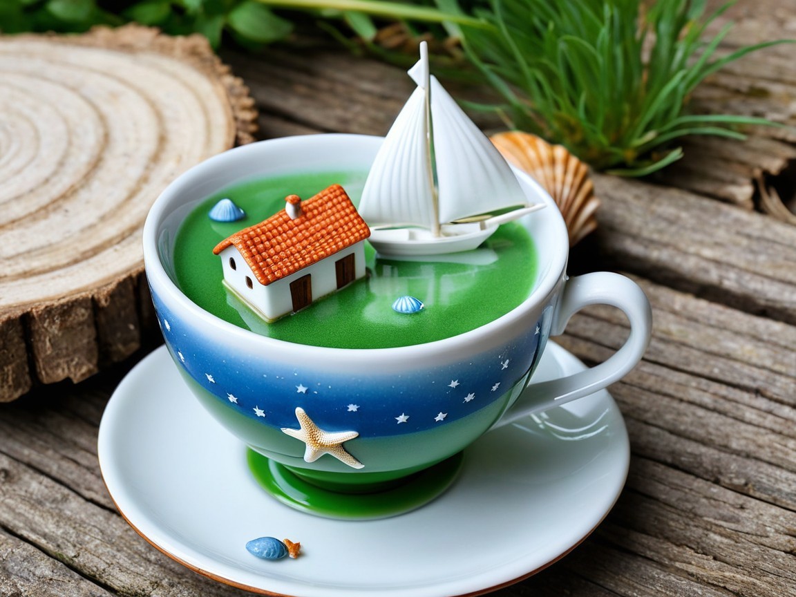 Whimsical Teacup Scene with Miniature House and Sailboat