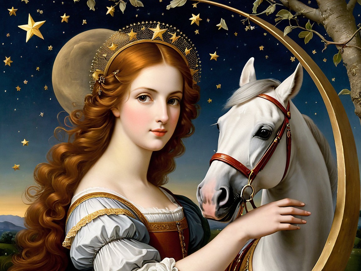 Young woman with red hair and white horse at night
