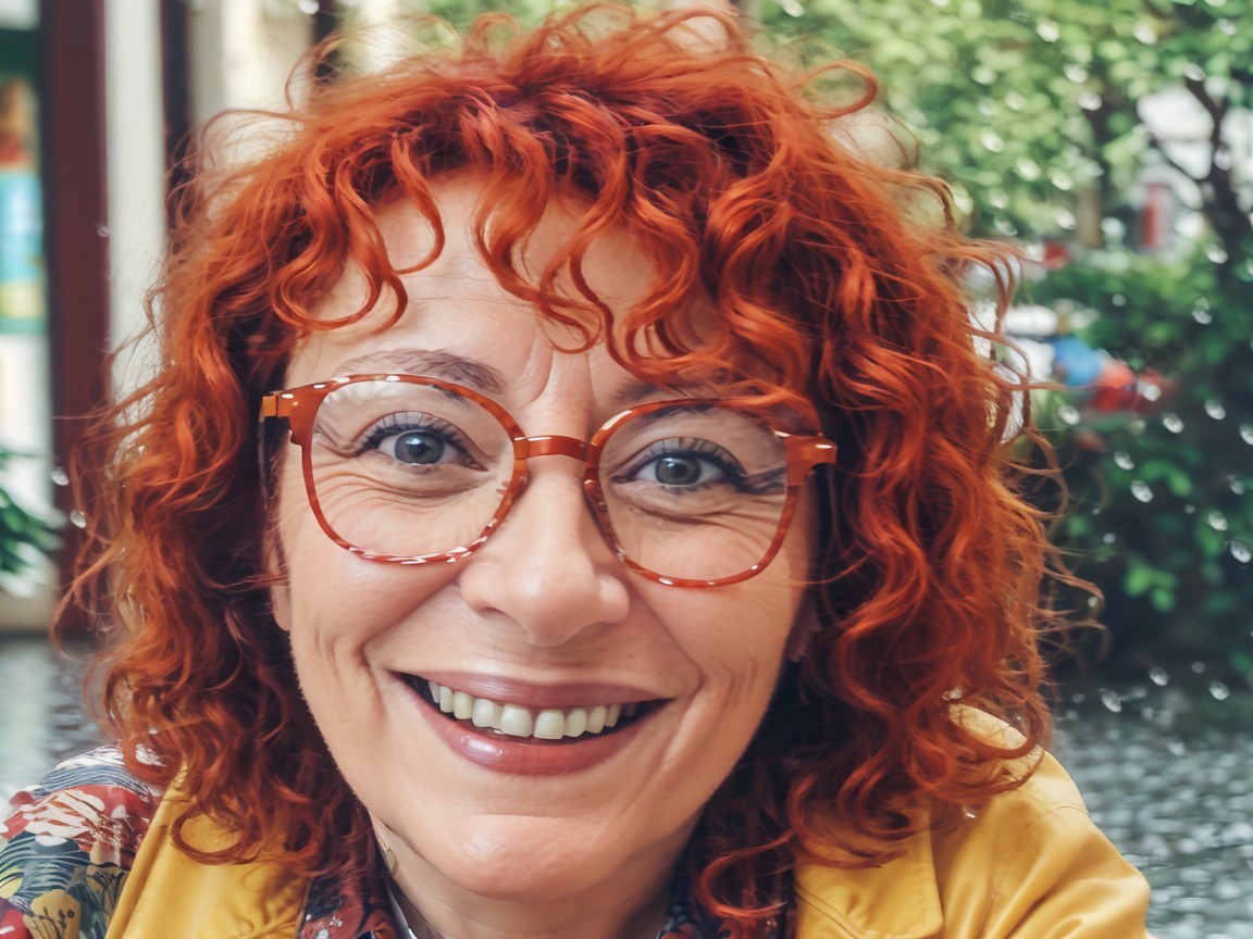 Cheerful woman with red curly hair and glasses