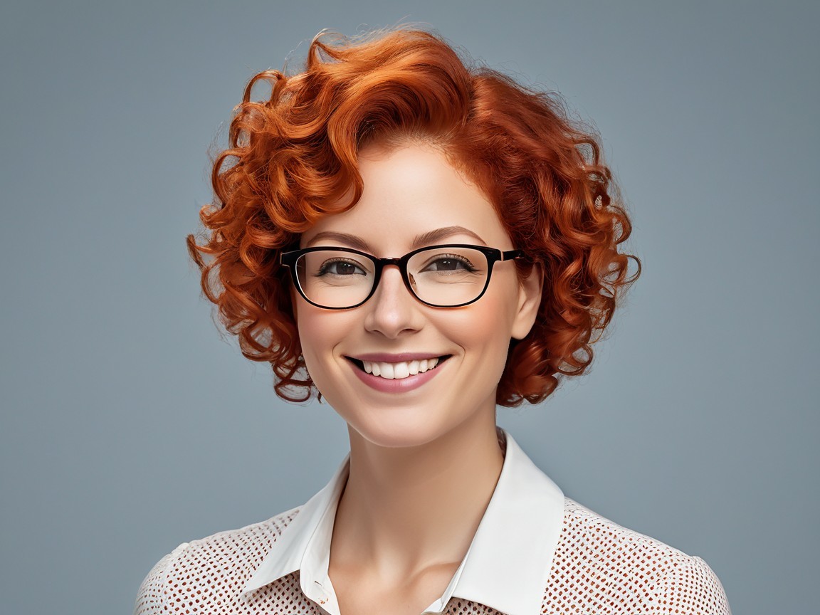 Cheerful young woman with curly red hair and glasses