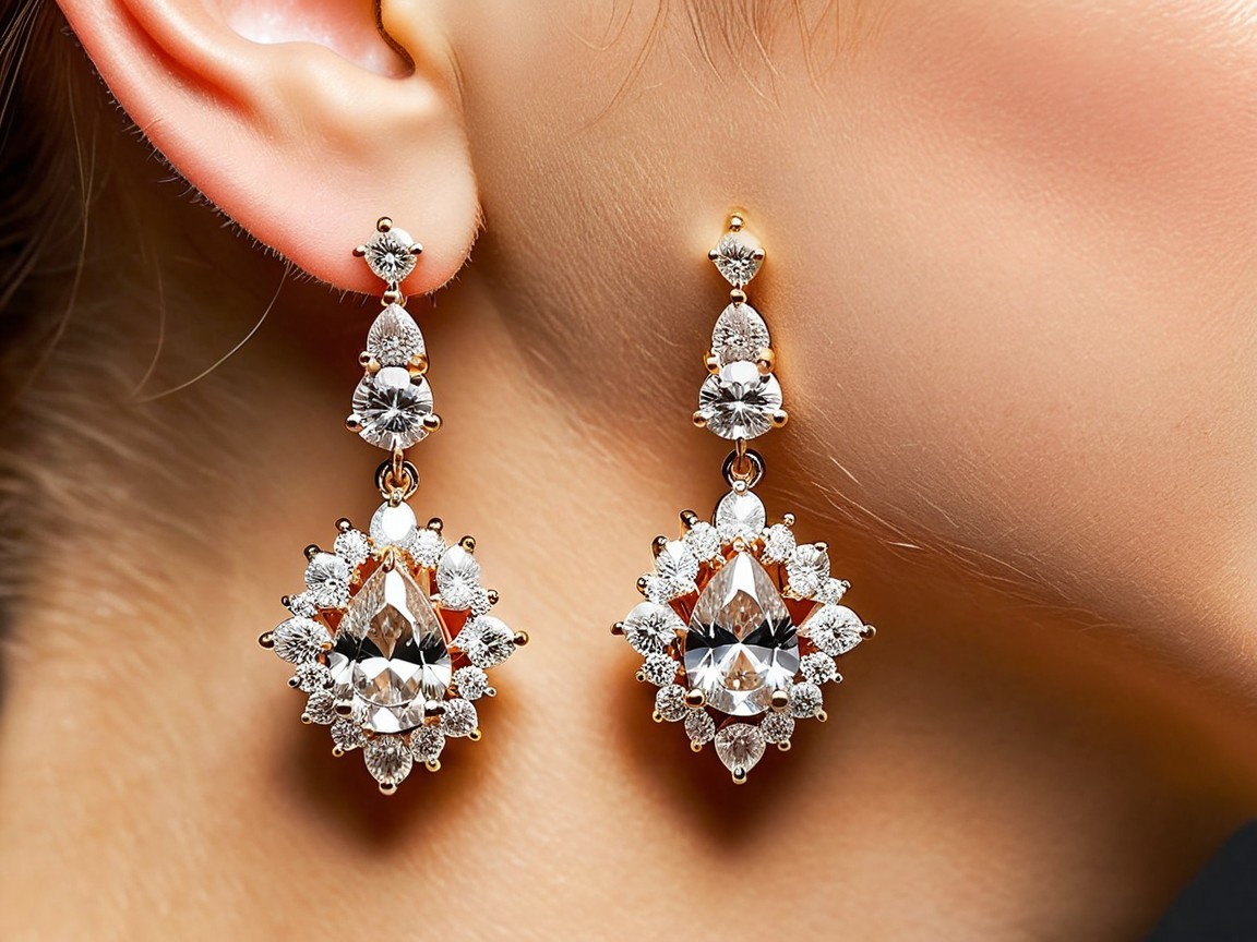 Diamond Earrings with Gold Setting and Various Cuts