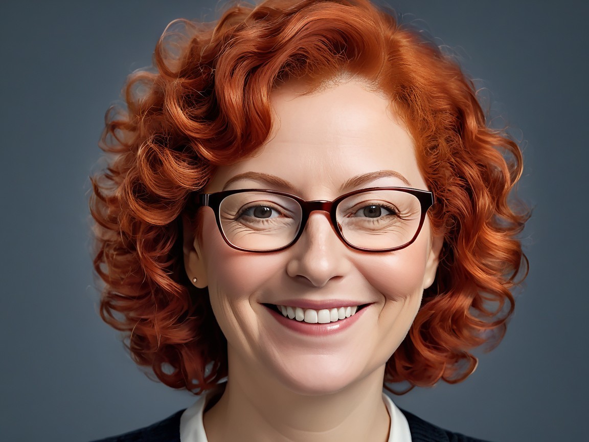 Smiling Woman with Curly Red Hair and Glasses