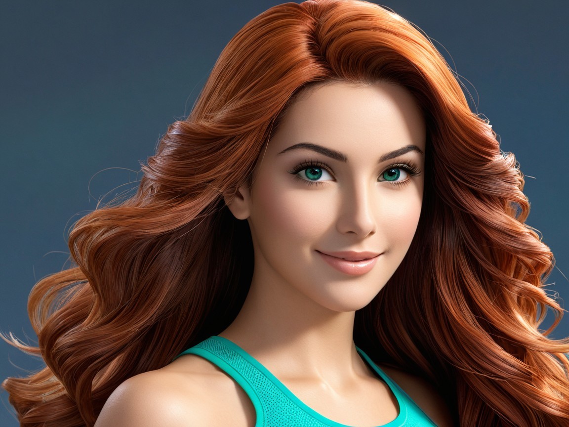 Young woman with red hair and aqua eyes in teal top