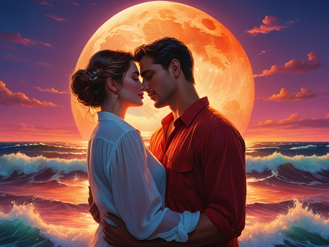 Couple Embracing at Beach with Moonlit Ocean View