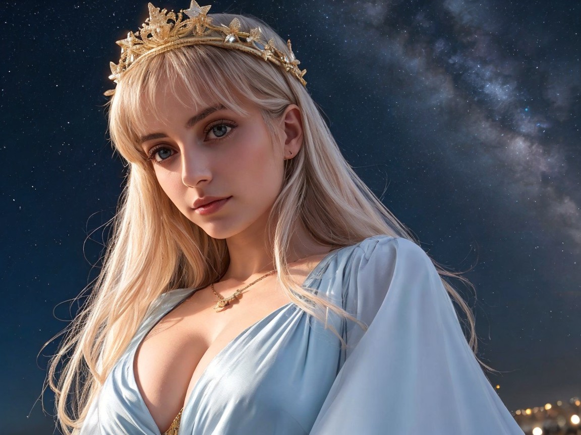 Blonde Woman in Starry Night with Gold Tiara and Dress