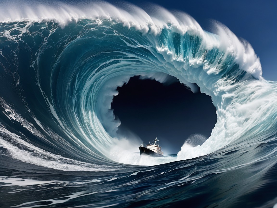 Heart-Shaped Wave and Boat in Turbulent Ocean Scene
